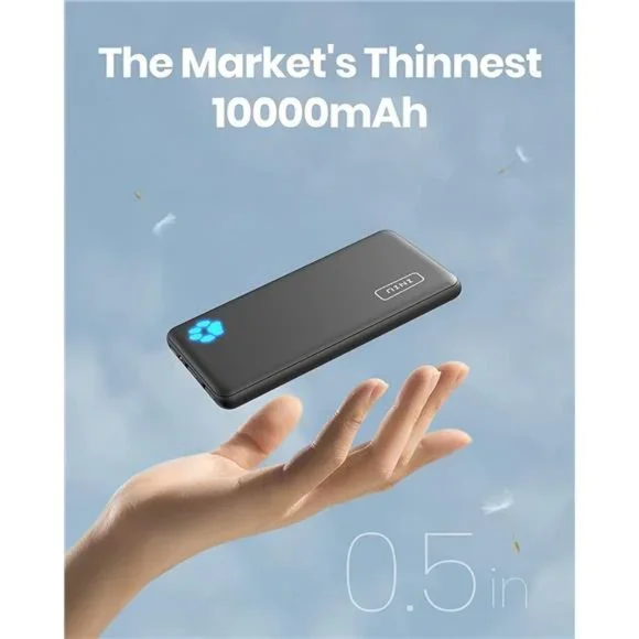 Portable Charger, Slimmest 10000mAh 5V/3A Power Bank, USB C in&out High-Speed
